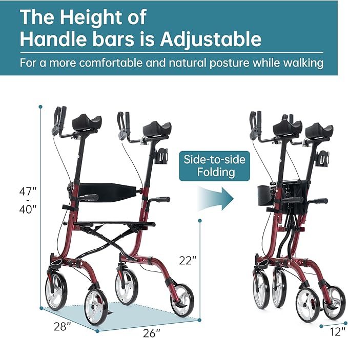 ELENKER Upright Rollator Walker, Stand Up Folding Rollator Walker Back Erect Rolling Mobility Walking Aid with Seat, Padded Armrests for Seniors and Adults, Red
