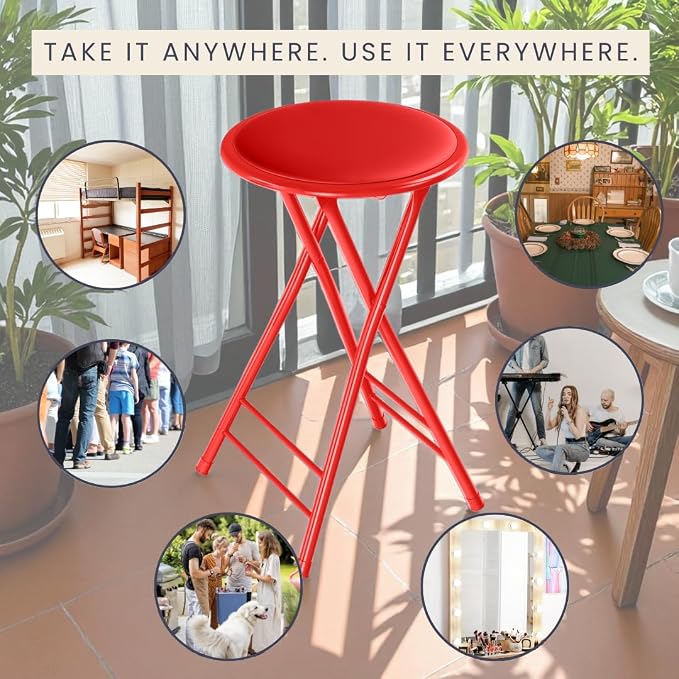 Lavish Home Folding Stool with Padded Backless Seat, Red, 24 Inch | Counter Height Bar Stools with 225lb Capacity, Portable Indoor & Outdoor, Extra Seat for Kitchen, Rec Room or Camping