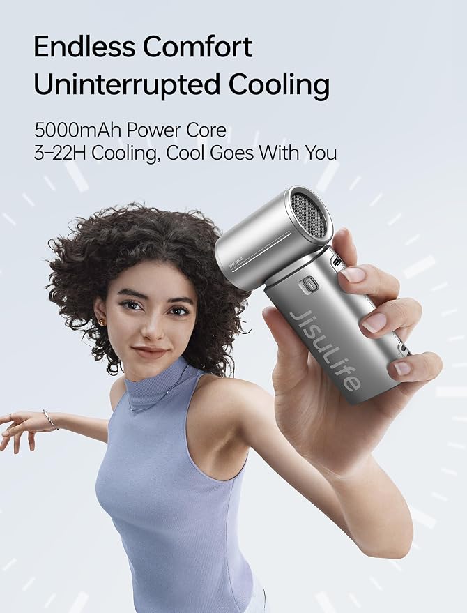 JISULIFE Handheld Fan Life9S - Sleek Chrome: Turbo Power, 22 Hours Cooling | LED Display, 5000mAh, 5-Speeds, Mini Portable Fan for Travel, Cruise, Concerts, Trendy Gifts for Women Men -Silver