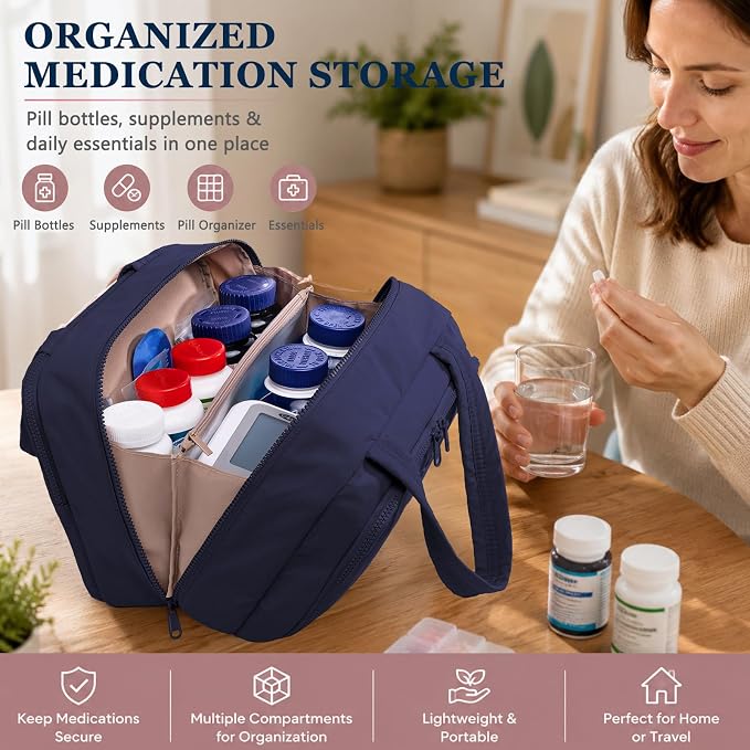 BAGSFY Travel Medicine Bag with 2 Separate Compartments, Wide-Opening Medication Organizer, Puffy Medical Storage Bag for Prescription Bottles, Pill Cases, Medical Supplies,Travel & Family Emergency
