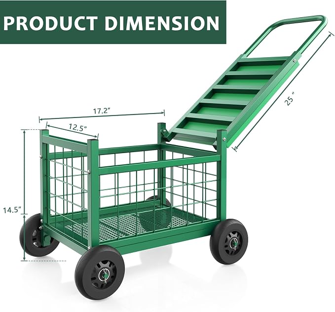 Garden Cart with Seat,3-in-1 Rolling Seat with Wheels for Seniors Gardening | Upgraded Heavy Duty Gardenning Cart with Seat, Supports up to 500 LBS for Seniors, Lawn, Patio & Backyard Gardening, Green