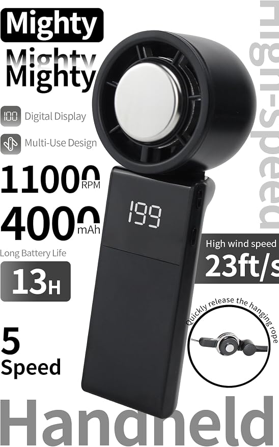 Portable 3-in-1 Handheld Neck Fan, Semiconductor Cooling, 4000mAh Up to 13H Runtime, 11000RPM 7M/S Wind, 5 Speed Adjustable Quiet 50dB Foldable Personal Fan for Outdoor Office Travel(Black)