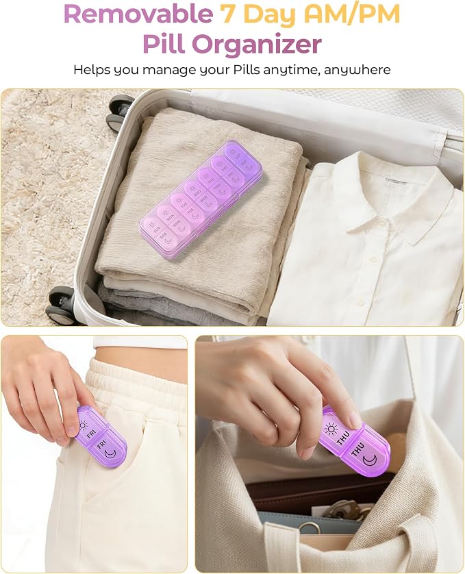 Weekly Pill Organizer 2 Times a Day, AM PM Pill Box 7 Day with 7 Removable Daily Cases, 14 Compartments Easy Open Travel Pill Organizer for Vitamins, Fish Oil and Supplements