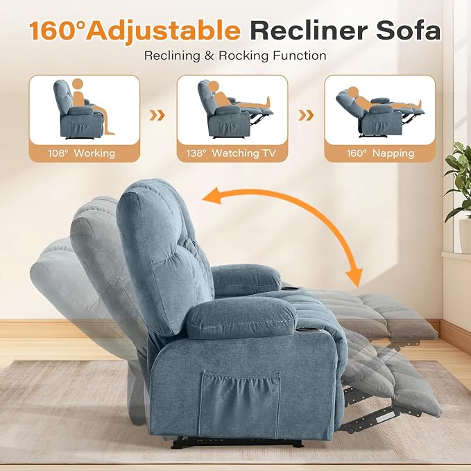 Oversized Fabric Reclining Loveseat Sofa for Living Room with Cup Holders | 2-seat recliner sofa with side pockets, padded seats and adjustable footrests for home theater, family room and relaxation