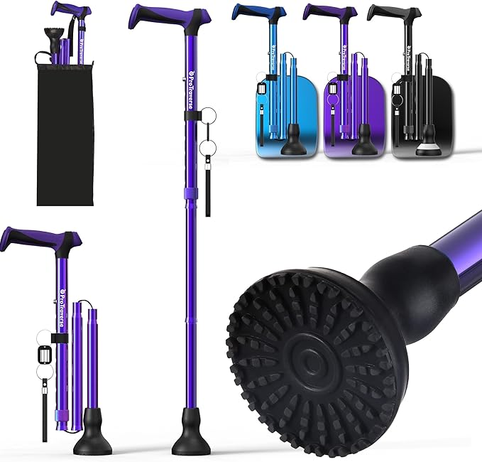 Walking Cane for Men & Women,Foldable,Adjustable,Self Standing Cane with Wrist Strap&Tag,350lbs Heavy Duty,All Terrain,Collapsible Walking Sticks for Seniors & Adults,Purple
