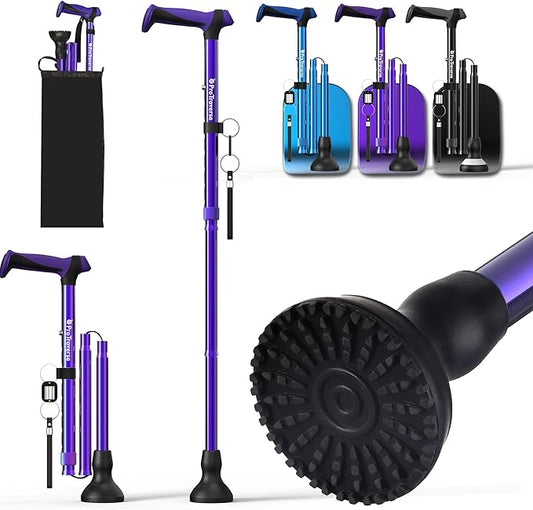 Walking Cane for Men & Women,Foldable,Adjustable,Self Standing Cane with Wrist Strap&Tag,350lbs Heavy Duty,All Terrain,Collapsible Walking Sticks for Seniors & Adults,Purple