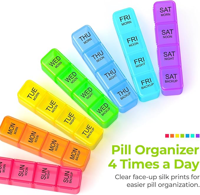 AUVON Weekly Pill Organizer 4 Times a Day with Face-Up Labels for Easy Track, Large Pill Box 7 Day with Dual Protection, Removable Containers for Travel, Pill Case for Medication, Vitamins, Fish Oils