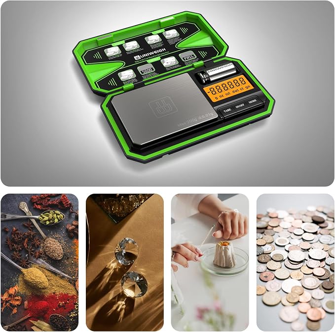 UNIWEIGH Digital Pocket Scale 200g/0.01g, Digital Scale Grams, Jewelry Scale,Coins Scale with 50g Cal Weights for Powder,Small Items,Tea,Jewelry,Coins (Battery Included)-Fluorescent Green