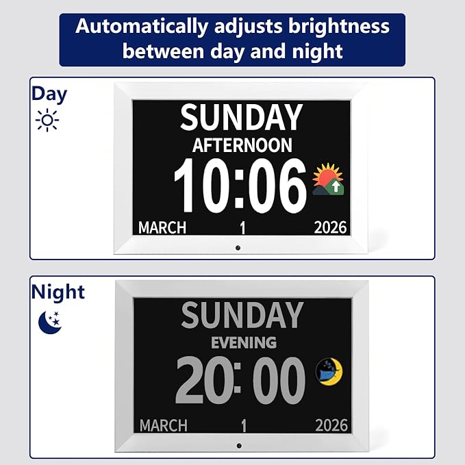 10.1 Inch White Digital Dementia Clock, Large Display Calendar Clock, 15 Medication Reminders, Auto DST, Auto Brightness Adjustment, Equipped with Remote Control (10.1inch White, Large)