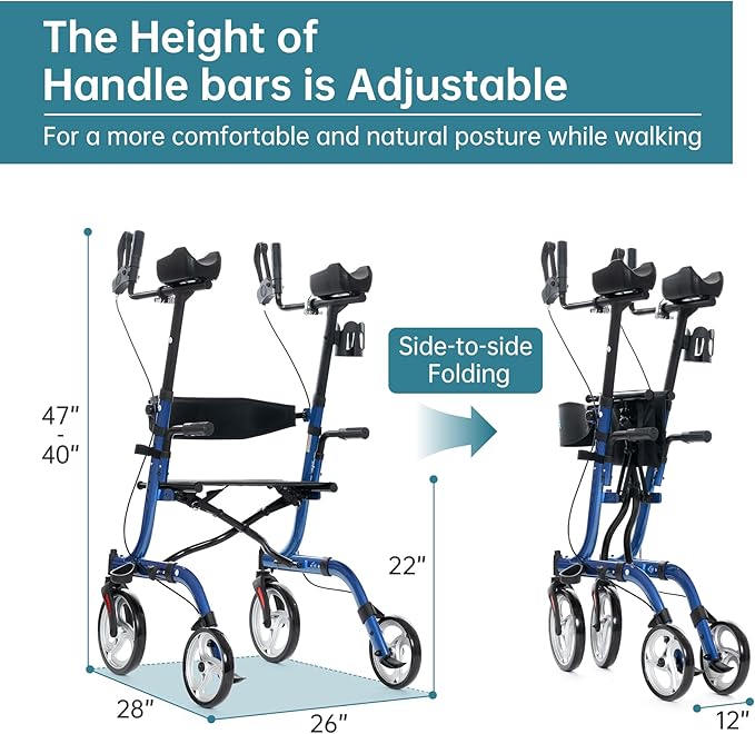ELENKER Upright Walker, Stand Up Folding Rollator Walker Back Erect Rolling Mobility Walking Aid with Seat, Padded Armrests for Seniors and Adults, Blue
