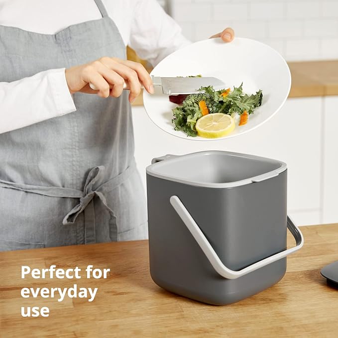 Blue Ginkgo Kitchen Compost Bin, 2.6L Countertop Compost Bin, White | Odor-Tight. Filter-Free. Dishwasher Safe.