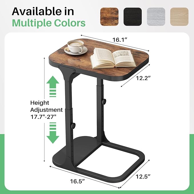 Kitstorack Height Adjustable End Table 2 Pack, Small Side Table for Couch, Sofa Table with Metal Frame for Living Room, Bedroom, Bedside C Shaped Table,Brown