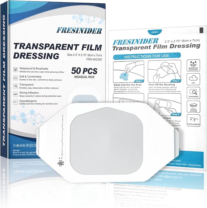 FRESINIDER Transparent Film Dressing 2.3” x 2.75” (50 Pack) – Small Waterproof Shower Bandages, Breathable Clear Wound Cover with Border for IV Shield, Post-Surgery Care & Tattoo Aftercare