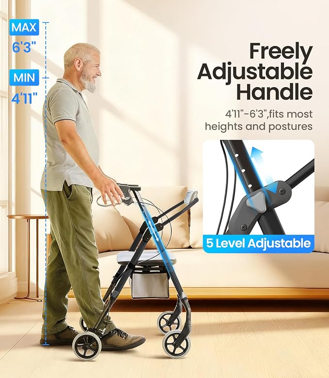 VOCIC Z11 Rollator Walker for Seniors with Seat, 380 LBS | Lightweight Design with Ergo Seat & Backrest, Height Adjustable & Easily Foldable for Seniors' Mobility, Blue