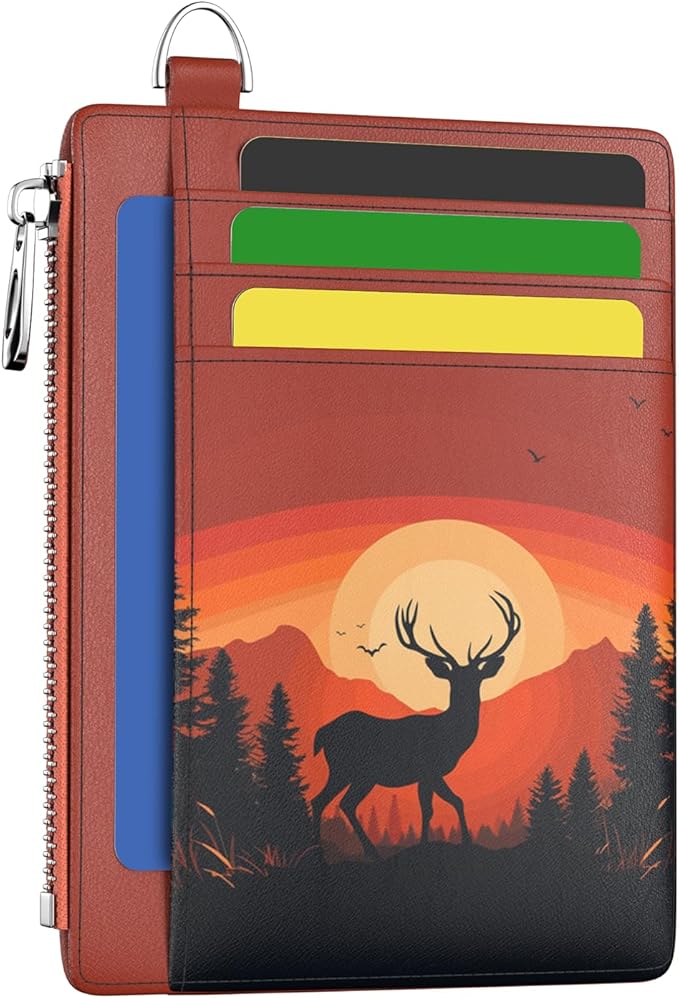 Hancynir Sunset Deer Slim Wallet Women Credit Card Holder, Small RFID | Zipper Pocket Wallet, Thin Travel Coin Purse, PU Leather, Minimalist Card Case, 6 Card Slots, ID Window, Ladies Women Gifts