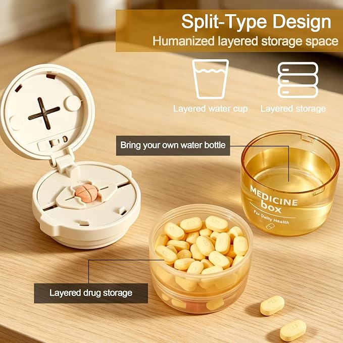 Portable Pill Cutter with Water Cup, 1/2 and 1/4 Tablet Splitter Pill Grinder Crusher Storage Box, ABS Stainless Steel Multifunctional Travel Medicine Organizer