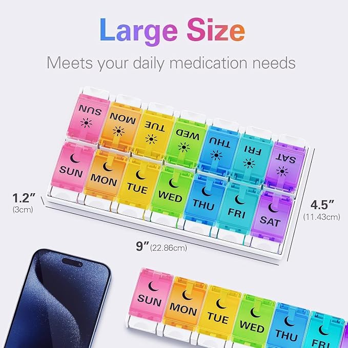 BUG HULL Weekly Pill Organizer 2 Times a Day Arthritis Friendly, AM PM Pill Organizer 7 Day with Easy Push Design, Daily Pill Organizer for Medicine, Pill Box 7 Day for Vitamin, Supplements