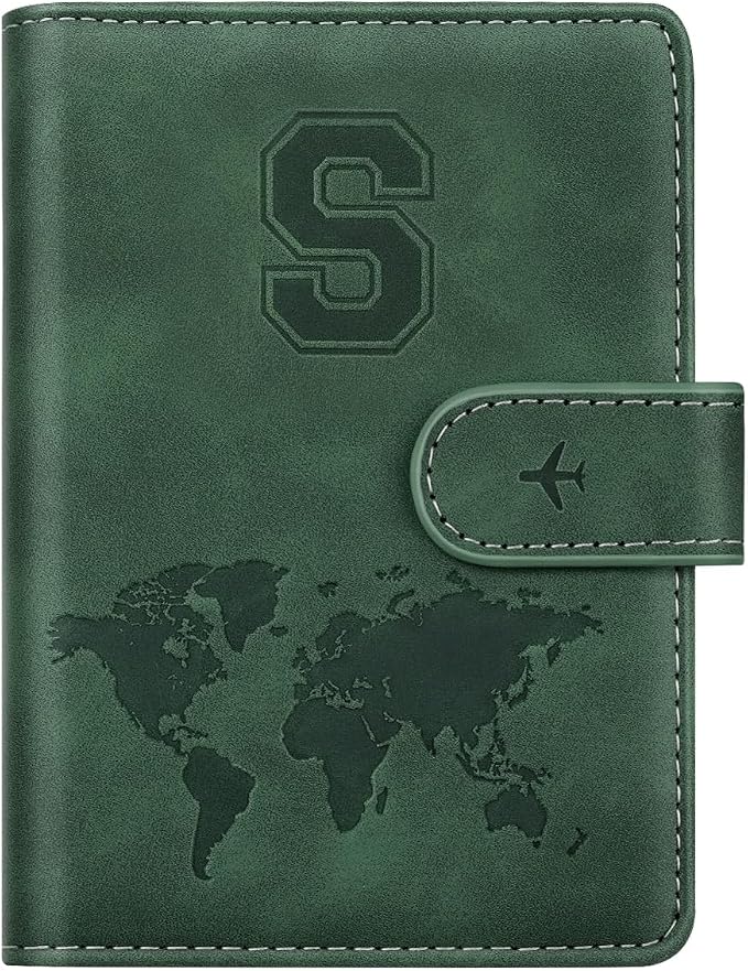 Passport Holder Wallet Cover Personalized Initial Travel Essentials | Embossed Letter A-Z Design, Travel Wallets, RFID Blocking, Passport Book Holders, Women and Men, Personalized Gifts, Green-S