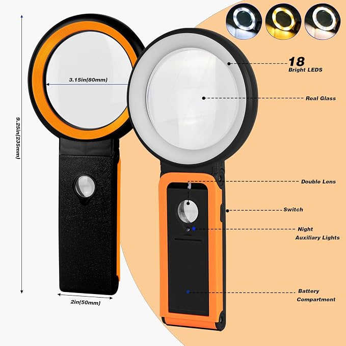 Magnifying Glass with Light and Stand, Foldable Handheld Magnifying Lenses 18 LED Illuminated Lighted Magnifier for Seniors Reading, Close Work, Coins, Jewelry Black
