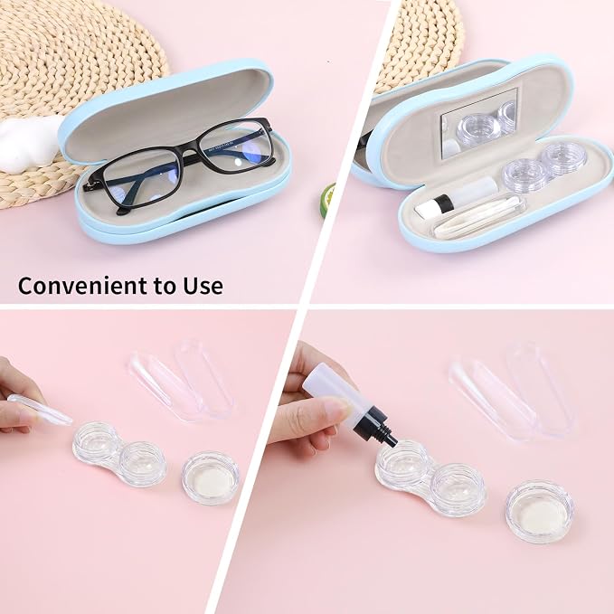 2 in 1 Contact Lens Case and Eyeglasses Case for Women Men Kids, Double Sided Hard Shell Portable Glasses Travel Holder with Built-in Mirror, Contact Lens Box (Sky Blue)