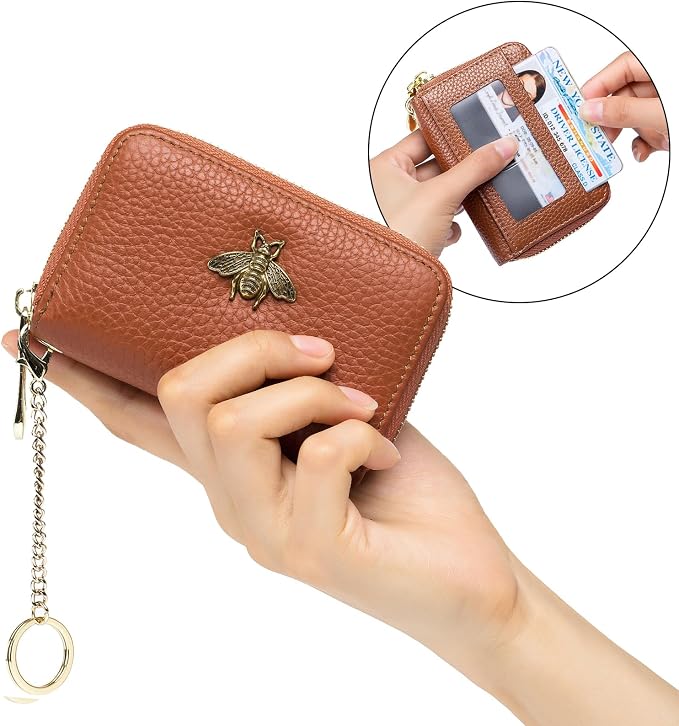 imeetu RFID Credit Card Holder, Small Card Wallet Women, Leather Card Case | Genuine Leather Women's Card & id Cases, Change Coin Purse with Zipper Keychain id Window, 20 Colors & 3 Styles, Daily, Gifts