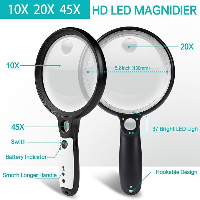 Large Magnifying Glass with 37 LED Light and Case, 10X 20X 45X Handheld Illuminated Lighted Magnifier with 3 Light Modes Rechargeable Magnifying Glass for Seniors Reading, Inspection (Black & White)
