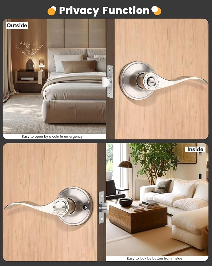 Gobrico 10 Pack Satin Nickel Interior Privacy Door Handle Levers for Bed/Bath, Keyless Silver Reversible Door Knobs with Thumb-Turn Button