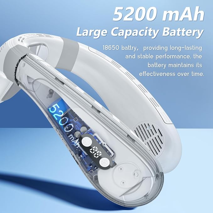 Neck Air Conditioner Fans That Blow Cold Air Cooling Device Wearable Fan, 5200mAh Battery Operated Rechargeable Personal Fan, White