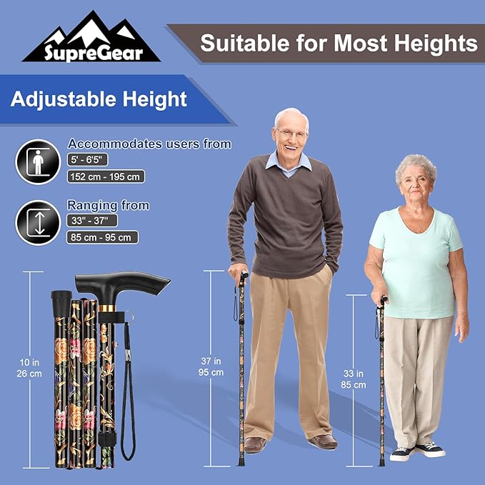supregear Folding Cane, 5-Level Adjustable Height Walking Stick Lightweight Collapsible Portable Travel Cane with Wrist Strap and T Handle for Elderly Disabled Men Women