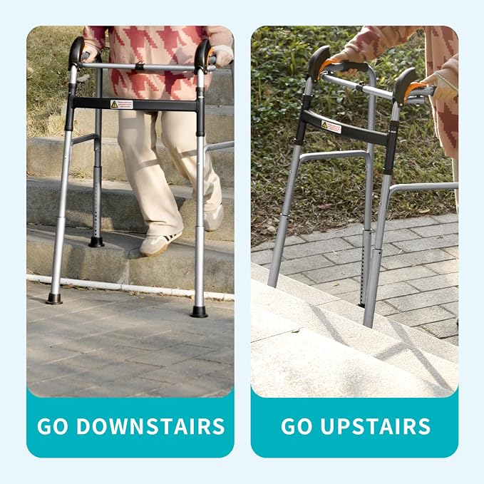 Foldable Stair Climbing Walker for Seniors | Adjustable Height, Wheel-Free Walking Aid, Lightweight Aluminum Alloy, Supports Up to 300lbs, Portable Stair Assist Bar