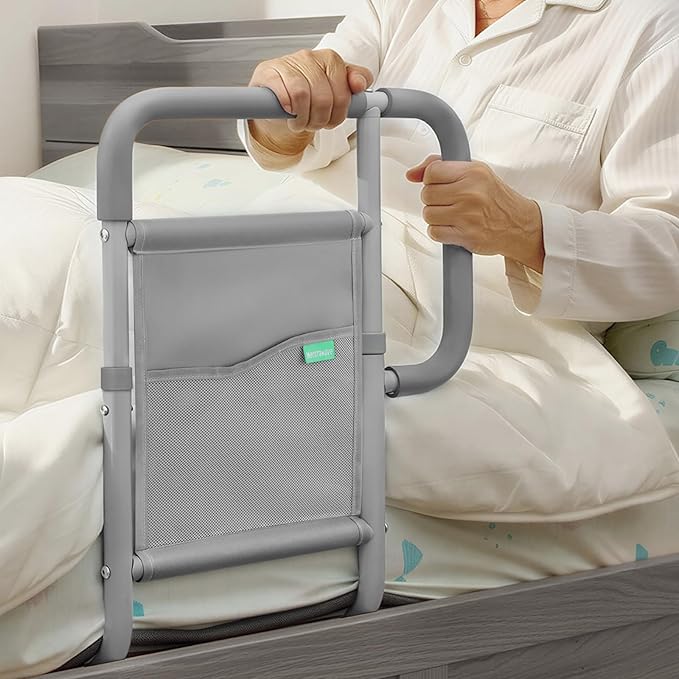 Bed Rails for Elderly Adults, ASTM Approved Bed Assist Rail with Dual Non-Slip Handles for Easily Getting in & Out of Bed, Stable Bed Railings with Storage Pocket, Load 350 LBS, Tool-Free Assembly