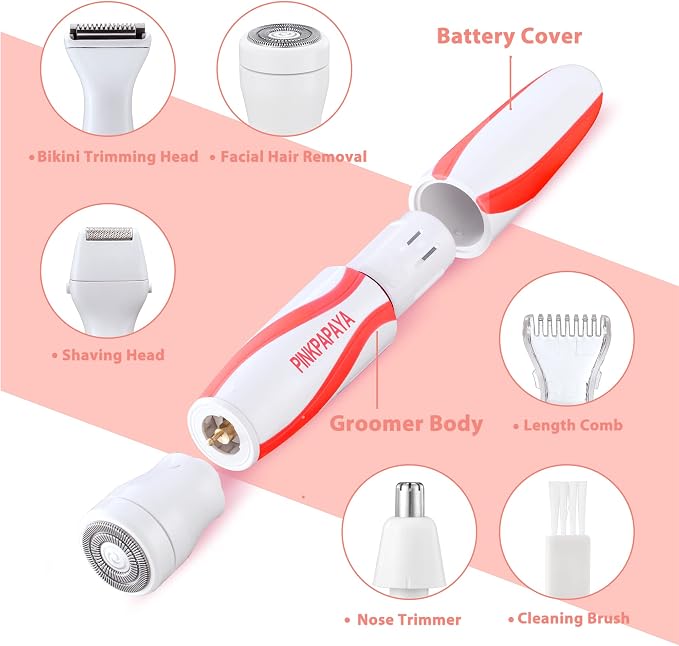 pinkpapaya Nose Hair Trimmer for Women and Men,4-in-1 Electric Facial Hair Removal Portble Waterproof Face Shaver Razor for Nose Ear Eyebrow Peach-Fuzz Lips Chin,Tomato/p9k8