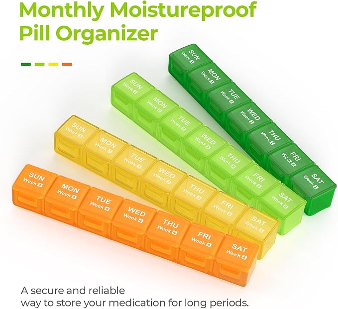 AUVON Moisture-Proof Monthly Pill Organizer, Large 28 Days Pill Box Case with Removable 4 Weeks Medication Organizer Rows, Travel-Friendly to Store Fish Oils, Vitamins, Supplements, Medications