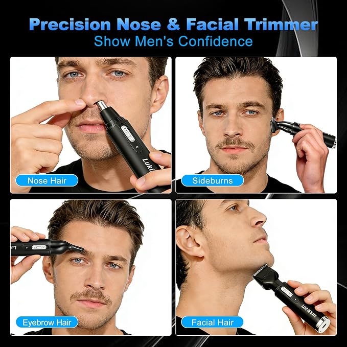 Rechargeable Ear and Nose Hair Trimmer, 4-in-1 Professional Painless Eyebrow & Facial Hair Trimmer for Men Women, Powerful Motor and Dual-Edge Blades for Smoother Cutting,Black