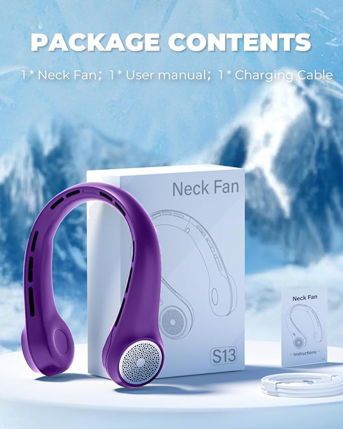 Portable Neck Fan with 4000mAh Rechargeable Battery & LED Display, Personal Cooler for Women/Men, 3-Speed Bladeless 360° Cooling Fans, Stylish Gift for Gym/Travel/Office,Purple