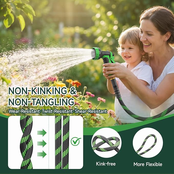 Non-Expandable Garden Hose 100 FT, Heavy-Duty & Flexible Water Hose with 10-Function Nozzle, Kink-Free & Leak-Proof Design, Ultra Lightweight Portable Yard Hose for Lawn, Car, Outdoor Use