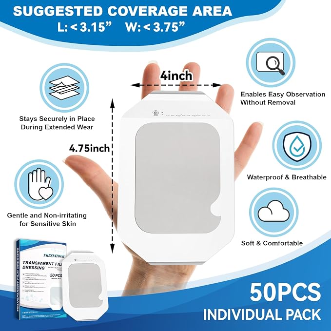 FRESINIDER Transparent Film Dressing 4” x 4.75” (50 Pack) – Waterproof Shower Bandages, Breathable Clear Wound Cover with Border for IV Shield, Post-Surgery Care & Tattoo Aftercare