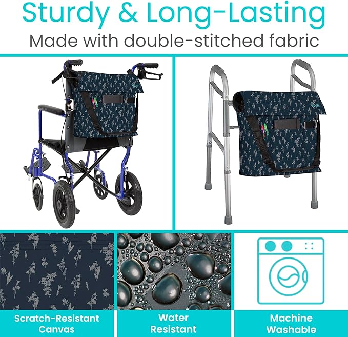 Vive XL Wheelchair Accessories Bag - Waterproof, Scratch-Resistant, Double-Stitched, Machine Washable for Adults, Seniors, 15 Colors - Storage Walker Backpack to Hang on Back