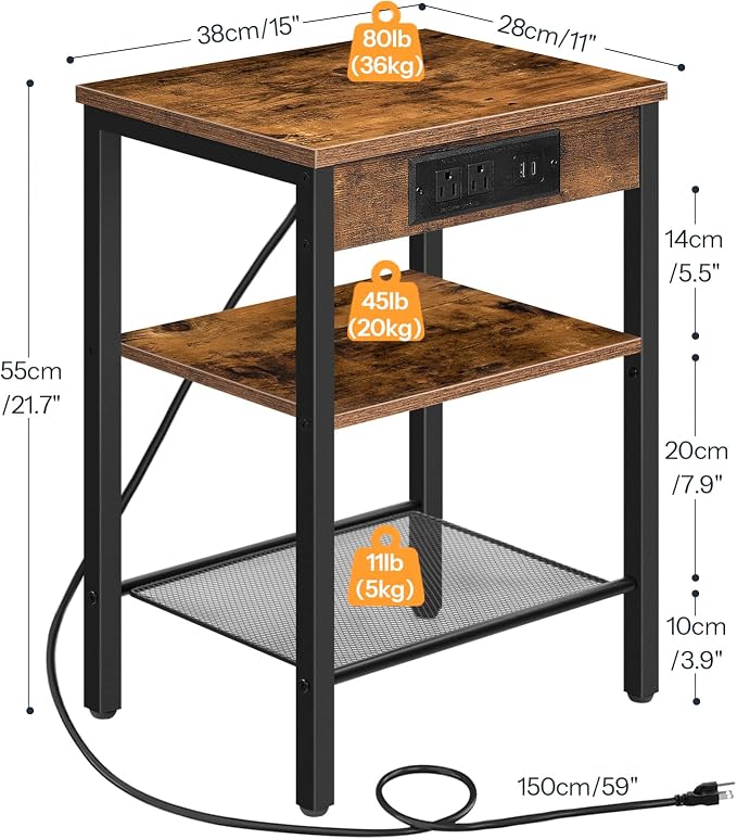 HOOBRO Side Table with Charging Station and USB Port, Small End Table for Small Space, 3-Tier Nightstand with Adjustable Shelf, for Living Room, Bedroom, Rustic Brown BF112BZ01