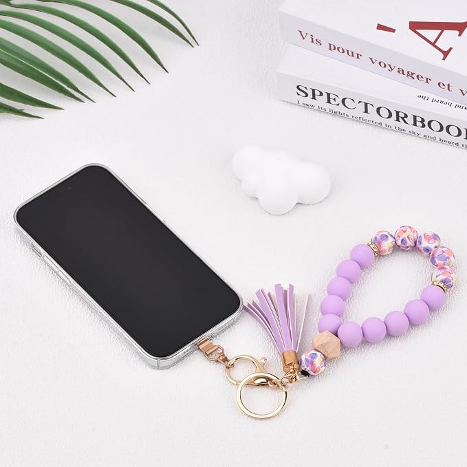 BAOSIWA Silicone Key Ring Bracelet Wristlet Keychain Unique Beaded Bangle Key Chains for Women with Leather Tassel