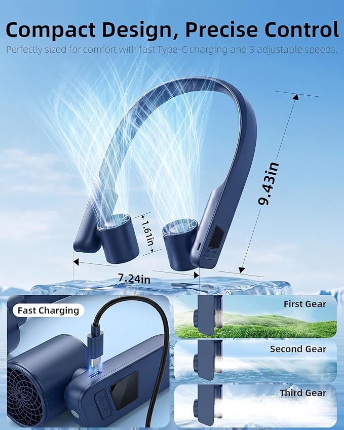 FrSara Portable Neck Fan that Blows Cold Air Rechargeable, Personal Battery Powered Cooling Device with USB TYPE-C, LED Display, Light, 3-Speed, 3000mAh, Ideal Present for Women, Men, Travel, Blue