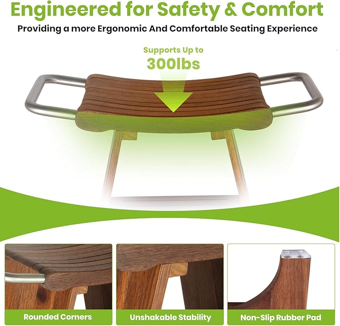 Teak Shower Bench with Stainless Steel Handles, 15” Waterproof Luxury Teak Shower Stool with Shelf, Compact Fit for Small Bathrooms, Easy Assembly Support 300 lbs