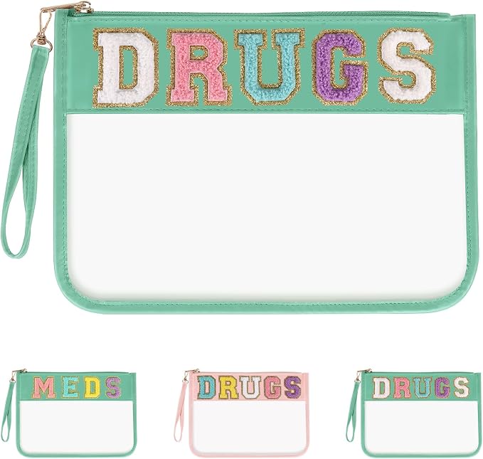 Iqimott Chenille Letter Patch Bag Clear MEDS Drugs Pouch, Preppy Portable Cosmetic Makeup Bag for Women Girls Travel, Waterproof Nylon Zipper Toiletry Medicine Storage Case Stadium Bag(Green, DRUGS)
