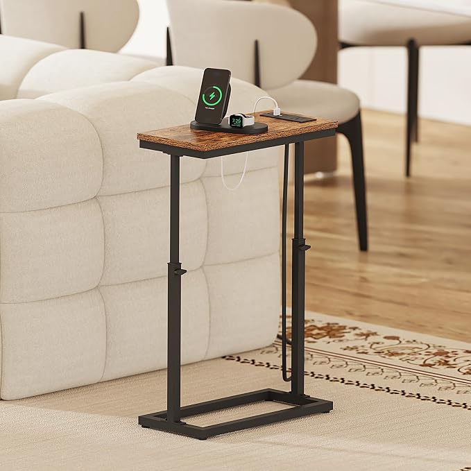 TUTOTAK End Table with Charging Station, Side Table, Tall Couch Table | Sofa Table, for living Room, Bedroom, Brown TB01BB084