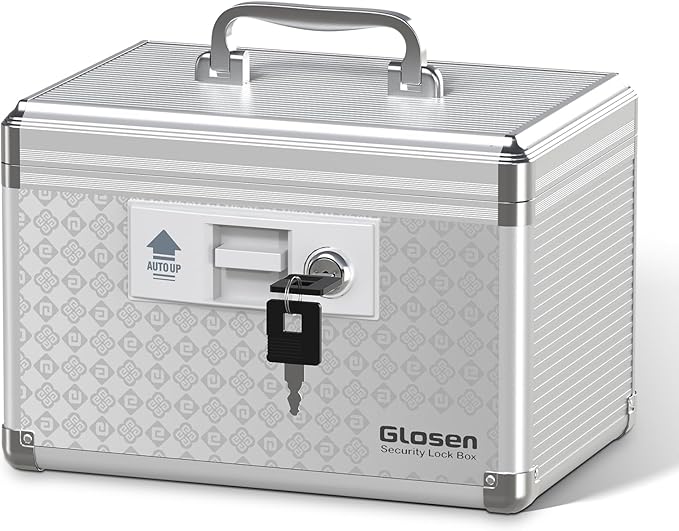 Glosen Medicine Lock BoxLockable Dorm Storage Trunk with Key Lock - Briefcase【Grey-Small】 10 * 6.7 * 6.7inch Medicine Lock Box, Lock Boxes for Personal Items