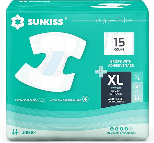 SUNKISS TrustPlus Adult Diapers with Maximum Absorbency, Unisex Disposable Incontinence Briefs with Tabs for Men and Women, Odor Control, XLarge, 15 Count