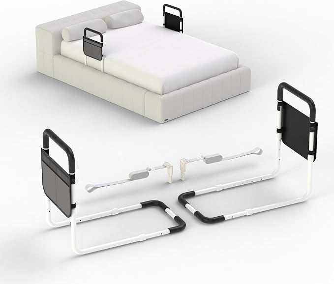 Double Bed Rails for Elderly Adults Safety, Bed Rails for Seniors, Dual Bed Handle Bedside Assist, Adjustable Bed Bar for Fall Prevention, Medical Bed Cane Fits Twin, Queen, Full, King Bed (2 Pack)