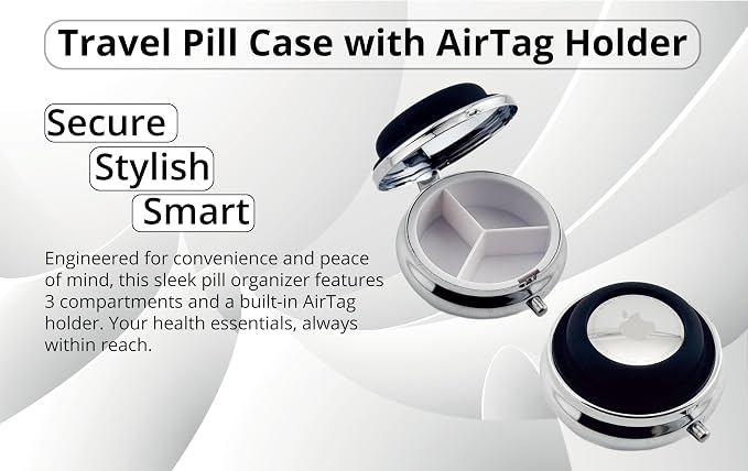 Portable Pill Organizer with AirTag Holder | Metal & Plastic Construction Case | Three Compartments Durable Case | Container Dispenser Holder for Medicine | Silver, Black - Travel Size