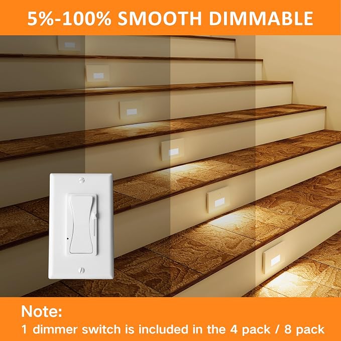 4 Pack 3CCT 120V Motion Sensor Step Lights with Dimmer Switch, White | Hardwired LED Stair Lights Indoor Outdoor, 5%-100% Dimmable, 3000K/4000K/6000K, 5W 500LM, IP65 Waterproof, Aluminum, ETL