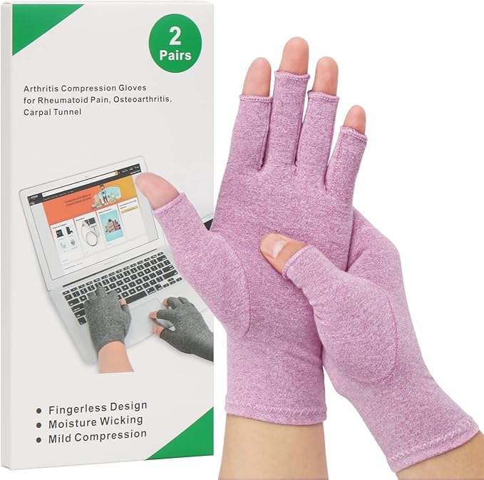 2-Pair Arthritis Compression Gloves for Alleviate Rheumatoid Osteoarthritis, Carpal Tunnel Raynauds Disease, Fingerless Design Breathable & Moisture, Women and Men (Purple, Medium)